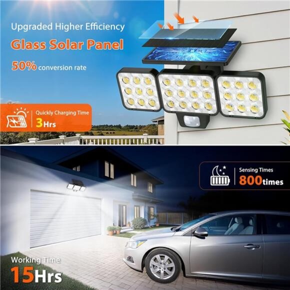 Solar Outdoor Motion Sensor Lights 3500LM LED Flood Lights Waterproof Yard - Picture 3 of 7